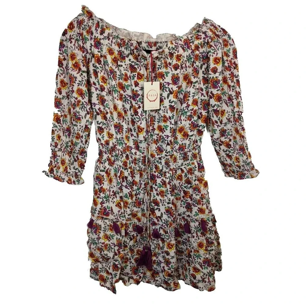 Raga Mini Tunic Dress Floral Tassel Shirred Bohemian Off Shoulder Size Small - Picture 3 of 11